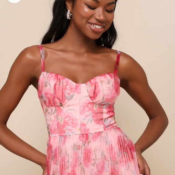 Lulus Alluring Invite Light Pink Floral Pleated Bustier Ankle Dress - Picture 2 of 5